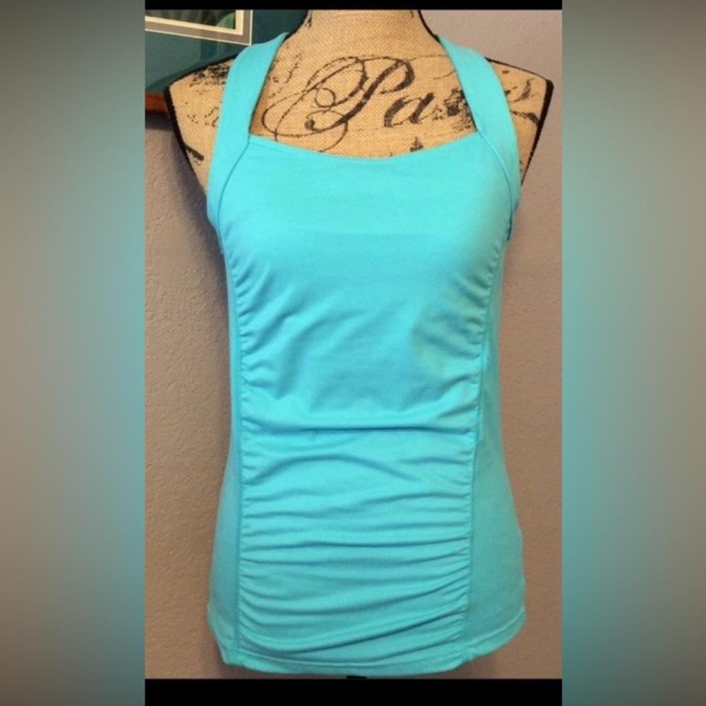 SOYBU AQUA light turquoise blue RUCHED front ACTIVE TANK crisscrossed back M